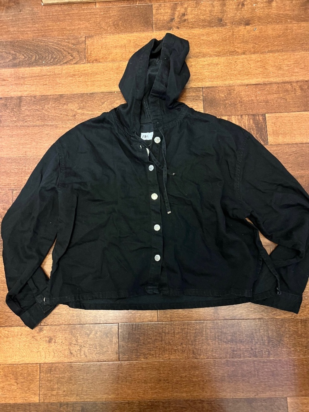 Zara Black Hooded Button-Front Jacket